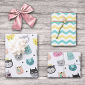 Coole Cat Faces Aquamarin Gelbes Zickzack Muster Geschenkpapier Set