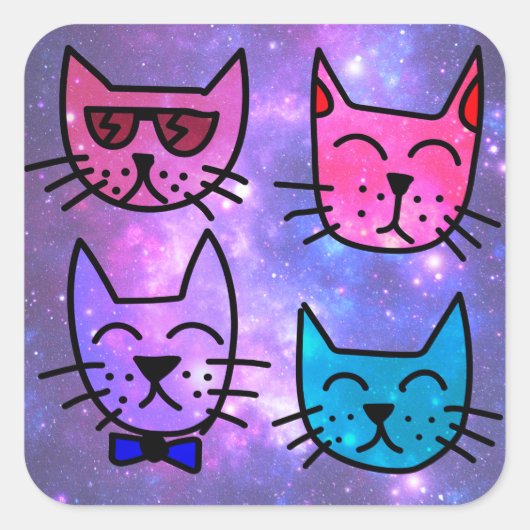 Coole Cat Faces auf einem Weltraumhintergrund Quadratischer Aufkleber (Vorderseite)