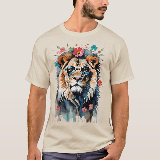 Coole Cat Lion Tragesonne mit Blume T-Shirt (Vorderseite)