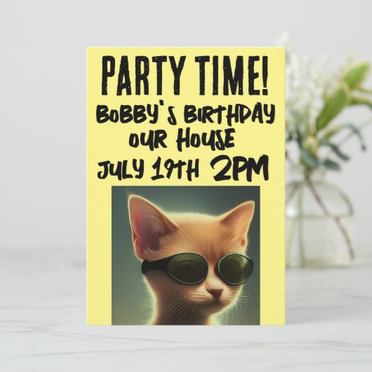 COOLE CAT SCRIPT KINDERGEBURTSTAG-EINLADUNGEN EINLADUNG (Stehend Vorderseite)