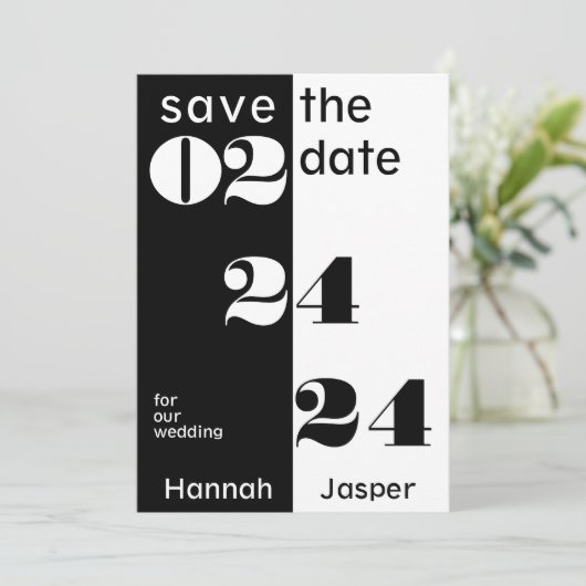 Coole Datumsnummern Typografy Black Wedding Save The Date (Stehend Vorderseite)
