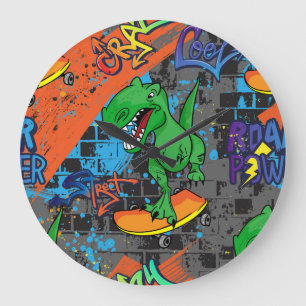 Coole Dinosaurier Skateboard Nahtloses Muster Große Wanduhr