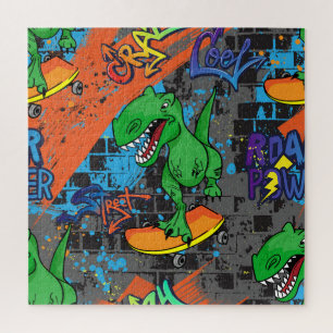 Coole Dinosaurier Skateboard Nahtloses Muster Puzzle