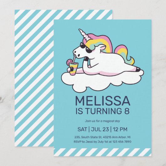 Coole Einhorn Sommersonne Girl Geburtstag Einladung (Vorne/Hinten)