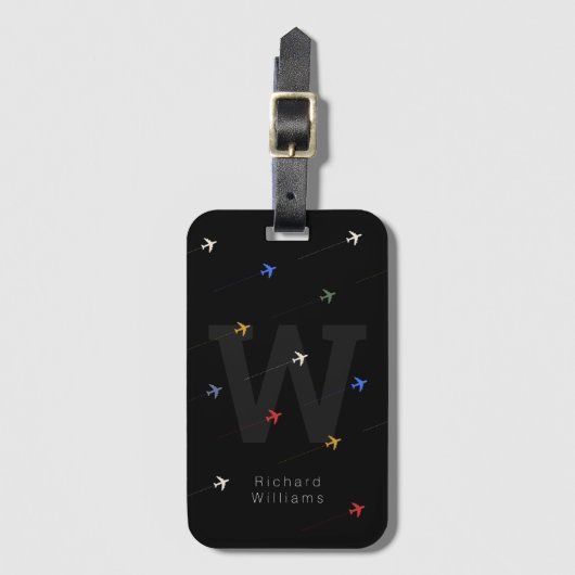 coole Farbflugzeuge in mit Monogramm schwarz Gepäckanhänger (Vorderseite Vertikal)