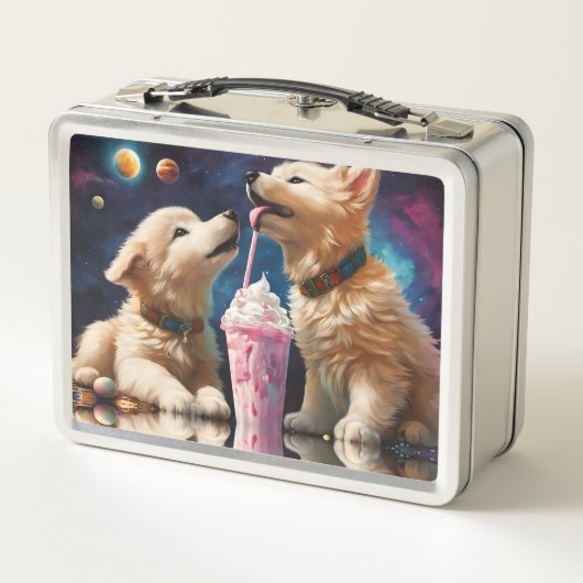 Coole Fluffy Welpen-Planeten Milchshake Metall Brotdose (Rückseite)