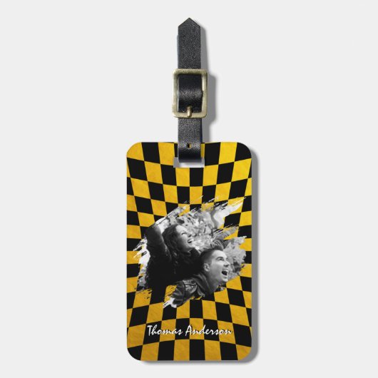 Coole Foto Gepäckmarke, Personalisiert, Schwarz/Go Gepäckanhänger (Vorderseite vertikal)