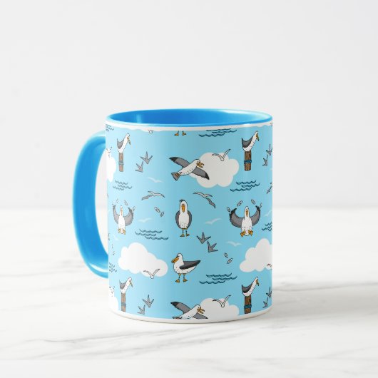 Coole Fun Flock von Seagulls Blauer Himmel und Wol Tasse (Vorderseite Links)
