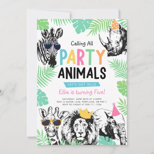 Coole Fun Party Tiere zum Geburtstag Einladung (Vorderseite)