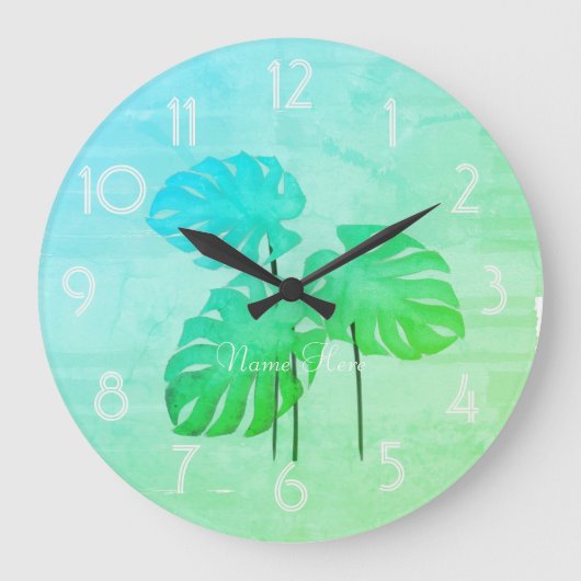 Coole Funky Bright Tropical Leaf Add Name Clock Große Wanduhr (Vorderseite)