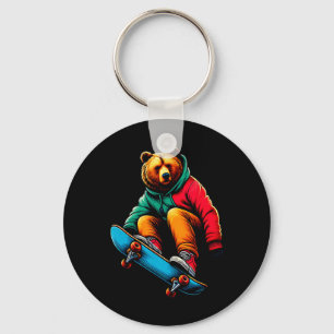 Coole funky Grizzly-Bär-Skateboard-Illustration Schlüsselanhänger