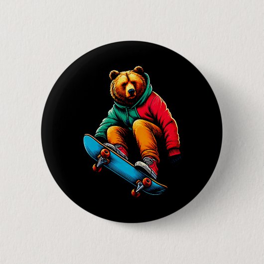 Coole funky Grizzlybär-Skateboarding-Illustration Button (Vorderseite)
