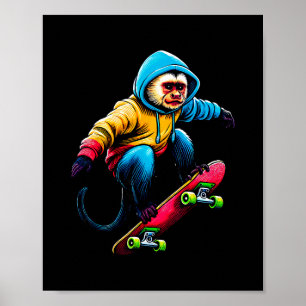 Coole funky Kapuzineraffen-Skateboarding-Illustrat Poster