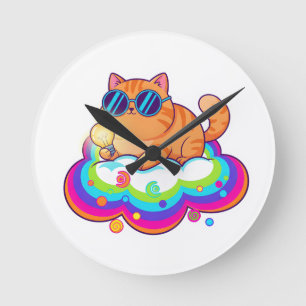Coole Gingerkatze mit Sonnenbrille Retro-Vibe rund Runde Wanduhr