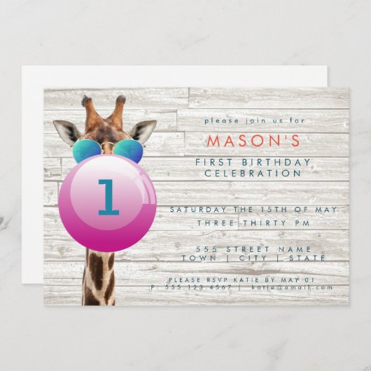 Coole Giraffe und Bubblegum| Party Einladung (Vorne/Hinten)