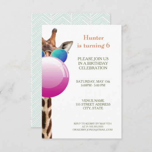 Coole Giraffe und Bubblegum | Party Einladung (Vorne/Hinten)