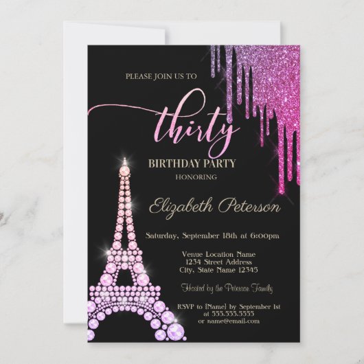 Coole Glitzer Tropfen, Eiffelturm Diamonds 30. Einladung (Vorderseite)