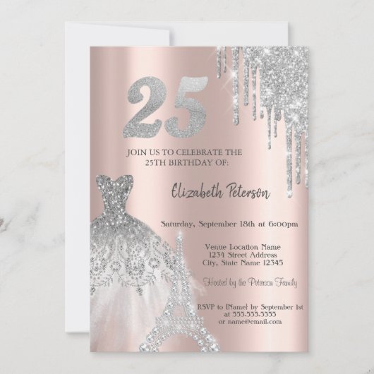 Coole Glitzer Tropfen, Eiffelturmkleid 25. Einladung (Vorderseite)