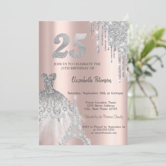 Coole Glitzer Tropfen, Eiffelturmkleid 25. Einladung (Stehend Vorderseite)