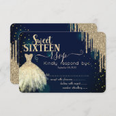 Coole Gold Glitzer Tropfen, Dress Navy Blue Sweet  Einladung (Vorne/Hinten)
