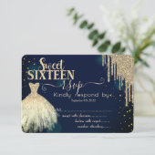 Coole Gold Glitzer Tropfen, Dress Navy Blue Sweet  Einladung (Stehend Vorderseite)
