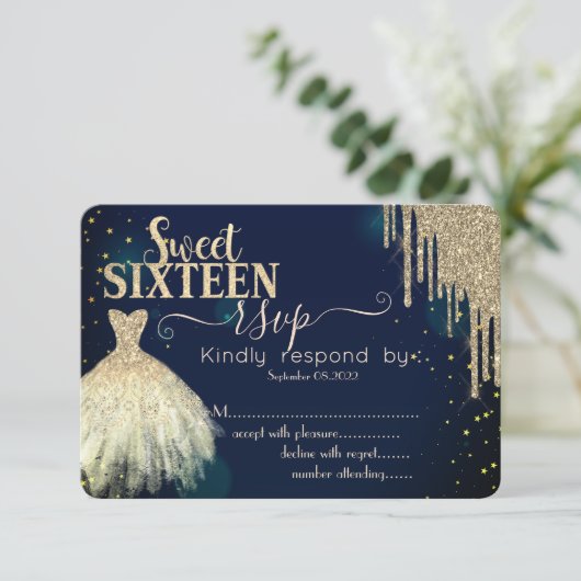 Coole Gold Glitzer Tropfen, Dress Navy Blue Sweet  Einladung (Stehend Vorderseite)