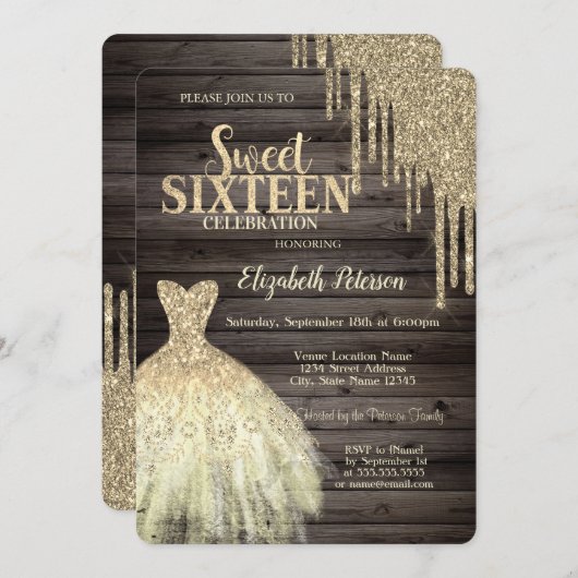 Coole Gold Glitzer Tropfen, Dress Wood Sweet 16 Einladung (Vorne/Hinten)