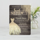 Coole Gold Glitzer Tropfen, Dress Wood Sweet 16 Einladung (Stehend Vorderseite)