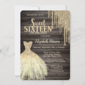 Coole Gold Glitzer Tropfen, Dress Wood Sweet 16 Einladung (Vorderseite)
