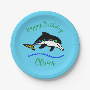 Coole Grafik - DOLPHIN - Happy Birthday- Blau Pappteller