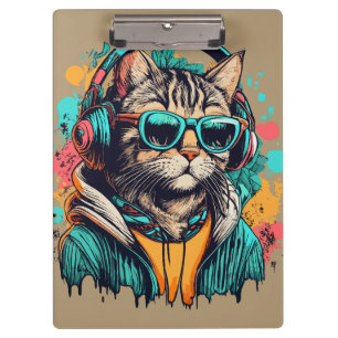 Coole Groovy Cat mit Kopfhörern Musik hören Klemmbrett