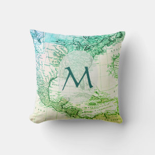 Coole grüne Vintage-Karte von Nordamerika Monogram Kissen