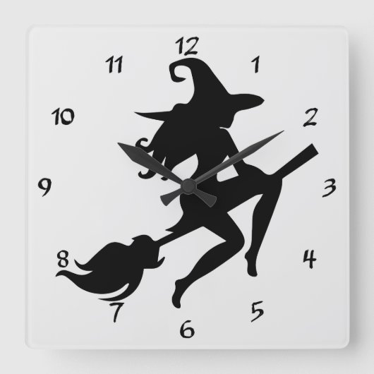 Coole Halloween Hexe reitet ihre Broom-Silhouette Quadratische Wanduhr (Vorderseite)