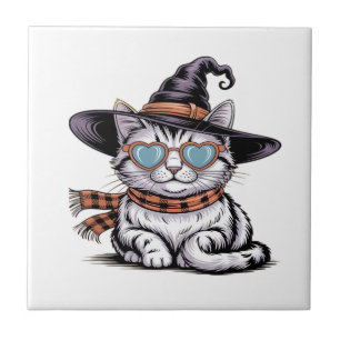 Coole Hexenkatze  Süße Halloween-Katze mit Herzbri Fliese