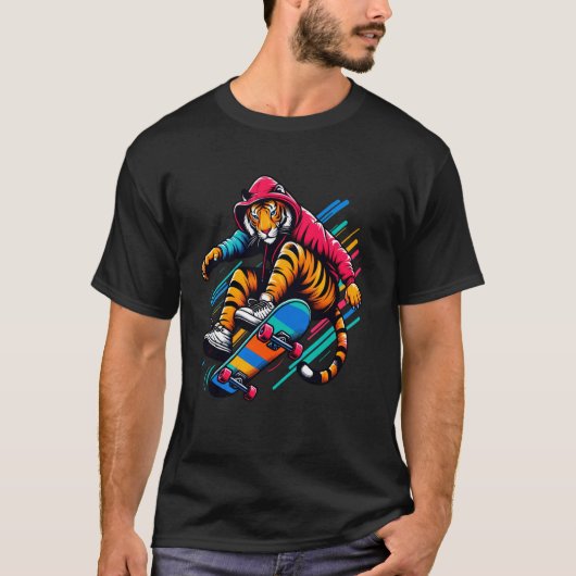 Coole Illustration über Funky Tiger Skateboarding T-Shirt (Vorderseite)