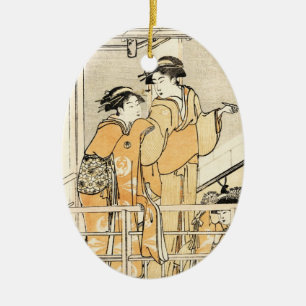 Coole japanische Vintage-Ukiyo-e Zwei Geishas Roll Keramik Ornament