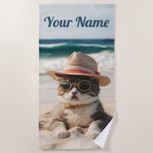 Coole Katze am Strand mit Sonnenbrille und Hut - Strandtuch (Vorderseite)