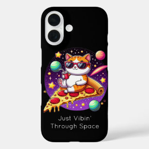 Coole Katze auf Pizza im Weltraum iPhone 16 Hülle