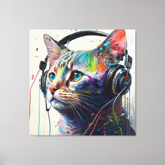 Coole Katze mit Kopfhörern - Music Lover Art Prin Leinwanddruck (Vorderseite)