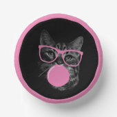 Coole Katze mit rosafarbener Brille und blühendem  Pappteller (Vorderseite)