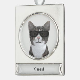 Coole Katze mit schwarzer Sonnenbrille Banner-Ornament Silber