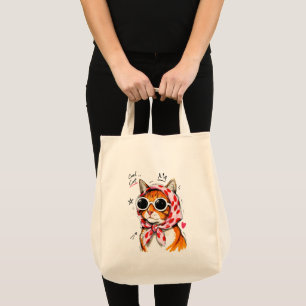Coole Katze mit Sonnenbrille & gepunktetem Kopftuc Tragetasche