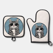 coole Katze mit Sonnenbrille Ofenhandschuh & Topflappen-Set (Vorderseite)