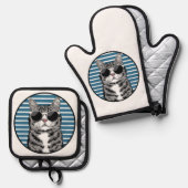 coole Katze mit Sonnenbrille Ofenhandschuh & Topflappen-Set (Vorderseite/Rückseite)