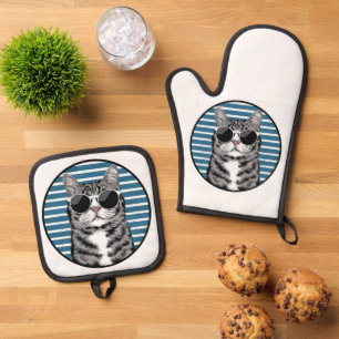 coole Katze mit Sonnenbrille Ofenhandschuh & Topflappen-Set
