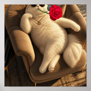 Coole Katze mit Sonnenbrille und rotem Rosenposter Poster