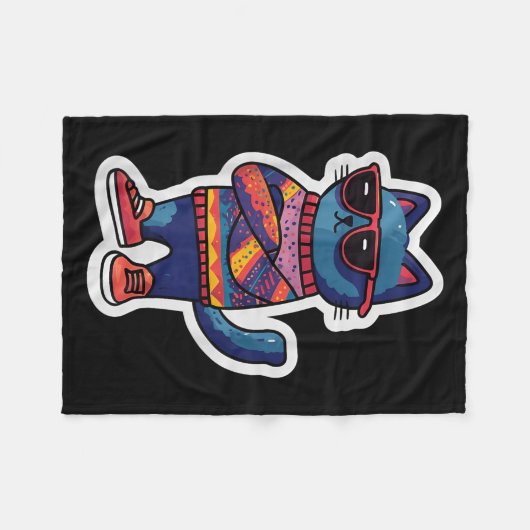 Coole Katze mit Sungles Retro-Style Funny Animal Fleecedecke (Vorderseite (Horizontal))