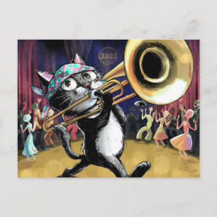 Coole Katze spielt Jazz auf Saxophon Postkarte