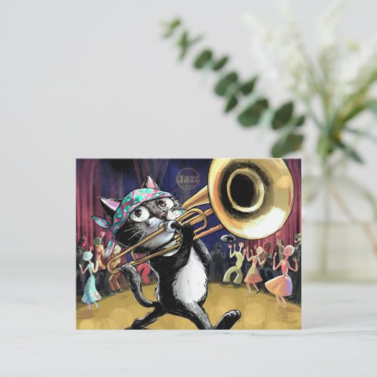 Coole Katze spielt Jazz auf Saxophon Postkarte (Stehend Vorderseite)