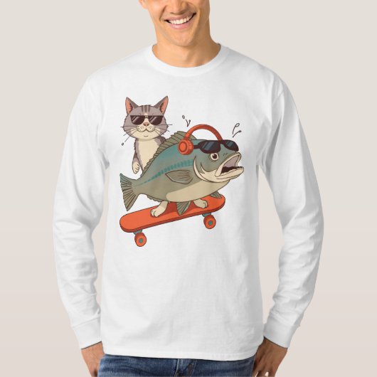 Coole Katze und Karpfen auf Skateboard T-Shirt (Vorderseite)